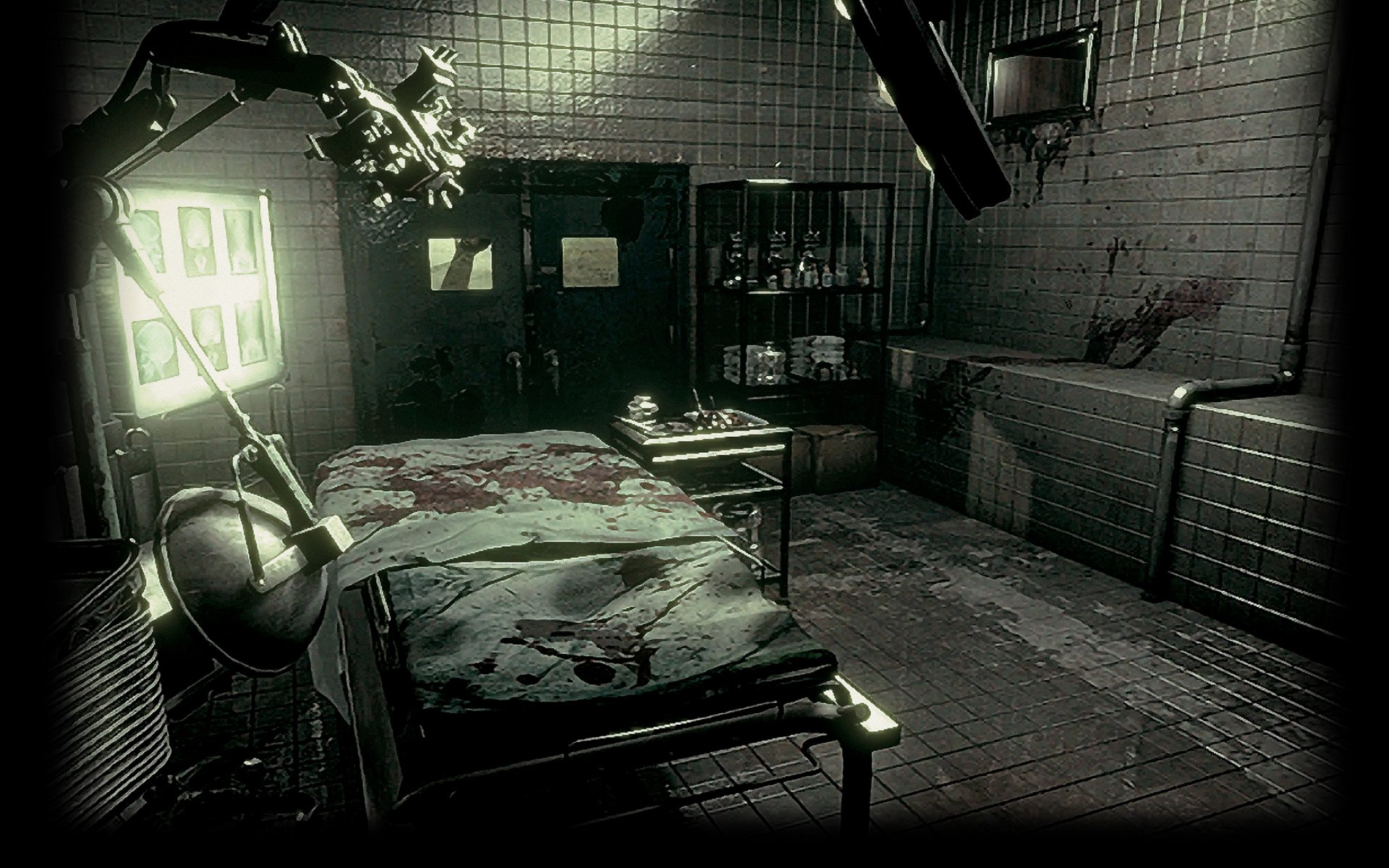 HD PC desktop wallpaper of a dark, blood-stained surgical room from the Resident Evil video game series, featuring eerie lighting and medical equipment.