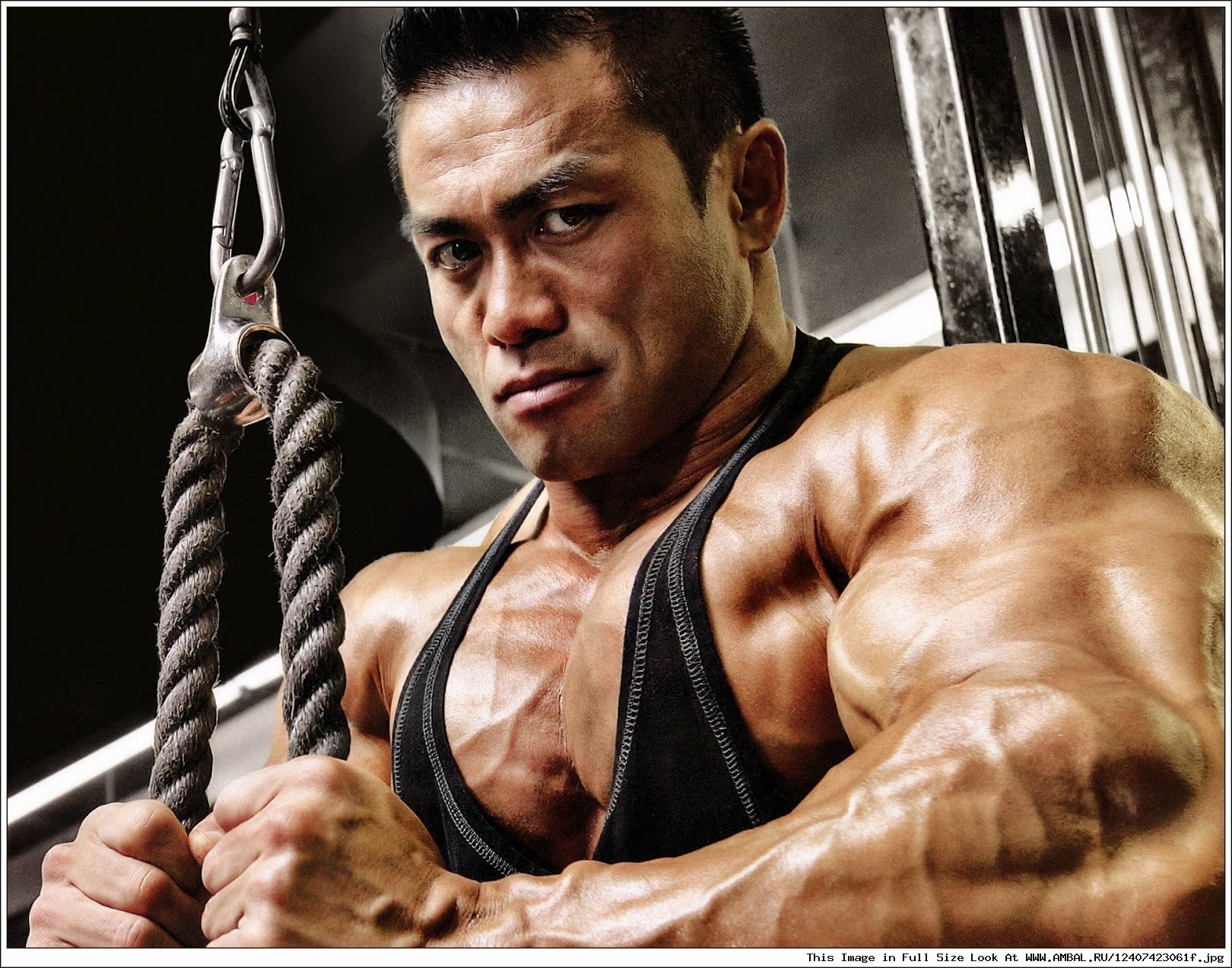 HD PC desktop wallpaper of a muscular athlete pulling a rope cable in a gym, intense fitness and sports background