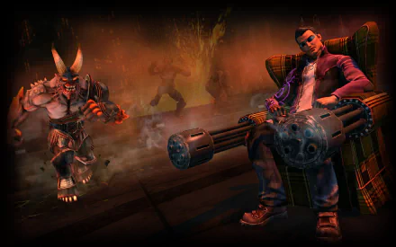 HD PC desktop wallpaper from the video game Saints Row: Gat Out Of Hell, featuring a character wielding dual miniguns and a demon with horns in a fiery, dark setting.