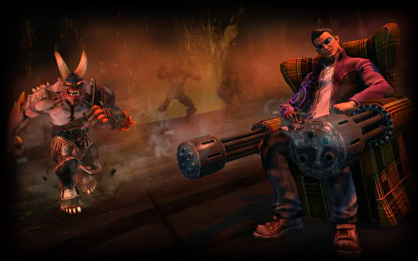 HD PC desktop wallpaper from the video game Saints Row: Gat Out Of Hell, featuring a character wielding dual miniguns and a demon with horns in a fiery, dark setting.