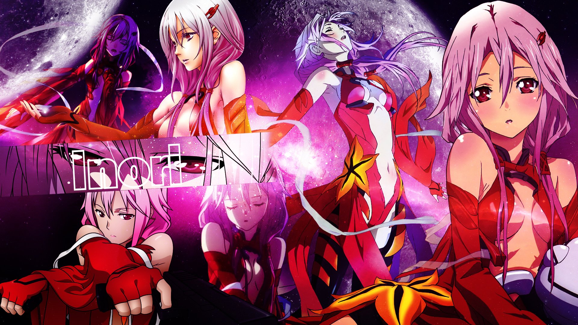 A vibrant HD desktop wallpaper featuring Inori Yuzuriha from the anime Guilty Crown, showcasing her in dynamic poses against a cosmic backdrop.