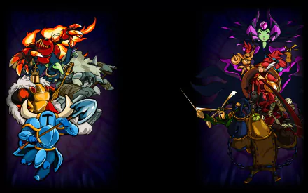 HD PC desktop wallpaper featuring iconic Shovel Knight characters including Shovel Knight, Shield Knight, King Knight, Plague Knight, and Enchantress from the video game.