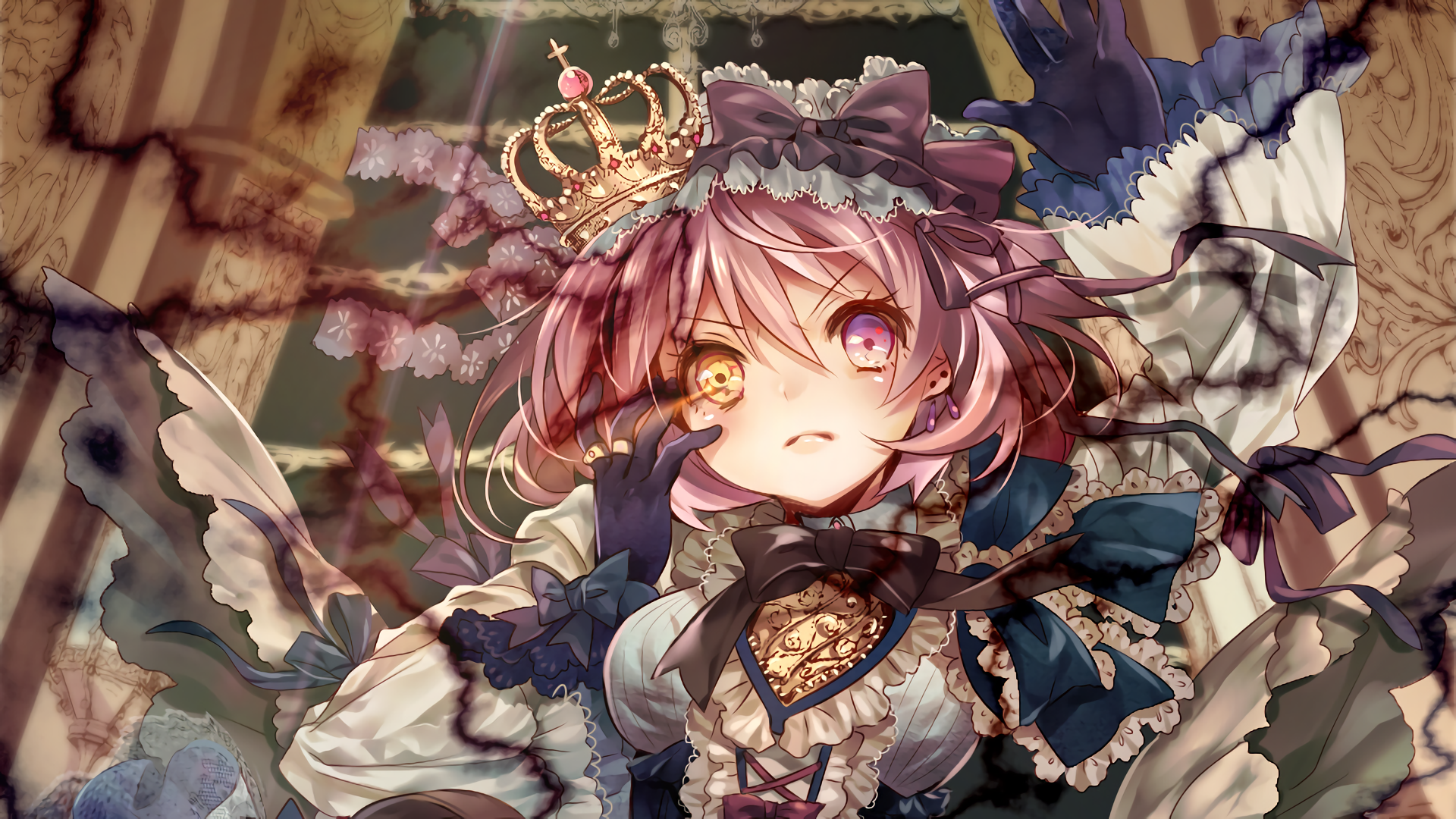 An HD anime wallpaper featuring an original character with pink hair, wearing an elaborate outfit and a crown, set against a dramatic background filled with shadows.
