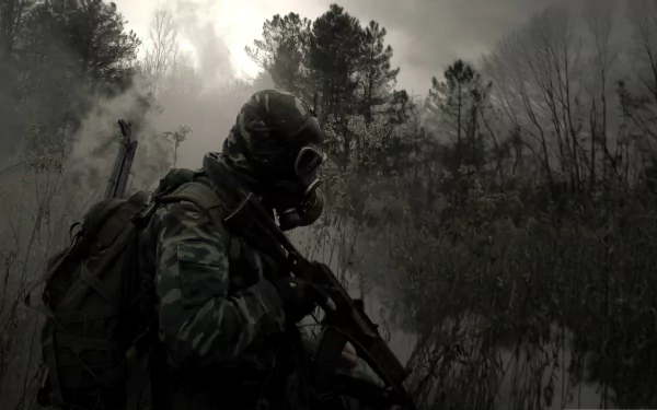 HD PC desktop wallpaper of a gas‑masked soldier from the video game S.T.A.L.K.E.R.: Shadow of Chernobyl, rifle raised in a foggy, forested post-apocalyptic landscape.
