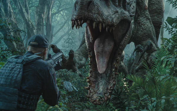 An intense scene from Jurassic World shows a man aiming a gun at a roaring dinosaur in a dense jungle, featured in an HD desktop wallpaper and background.