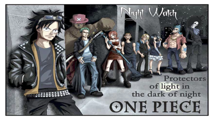 HD PC desktop wallpaper/background from the video game One Piece: Pirate Warriors 3 — Night Watch scene with Straw Hat characters lined up in a dark city, caption Protector of light.
