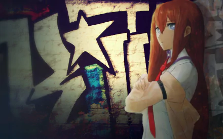 A striking HD wallpaper featuring Kurisu Makise from the anime Steins;Gate, set against a vibrant graffiti background that enhances her confident pose.
