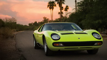 HD desktop wallpaper showcasing a vibrant yellow Lamborghini Miura parked on a scenic road at sunset with palm trees and lush greenery in the background.