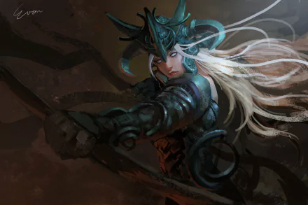 HD fantasy desktop wallpaper of a fierce woman warrior in dark armor with flowing blonde hair and an ornate helmet, set against a moody, shadowy background.