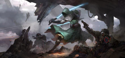 HD PC desktop wallpaper depicting a dynamic sci-fi battle scene with armored warriors and futuristic weaponry amid a dark, chaotic battlefield.