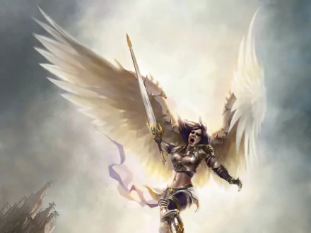 HD PC desktop wallpaper depicting a fierce angel warrior with large white wings, clad in armor, soaring through a cloudy fantasy sky wielding a glowing sword.