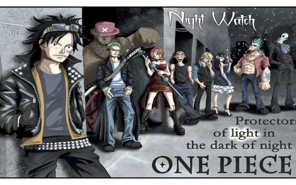 HD PC desktop wallpaper/background from the video game One Piece: Pirate Warriors 3 — Night Watch scene with Straw Hat characters lined up in a dark city, caption Protector of light.