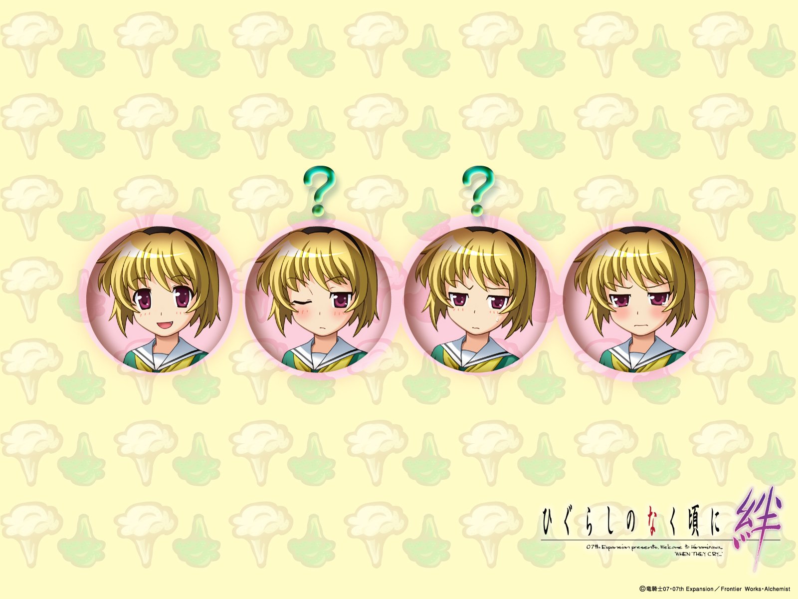 HD PC desktop wallpaper of Hōjō Satoko (Anime, Higurashi When They Cry): four circular portraits with varying expressions, two topped by question marks, on a pale patterned background with series logo.