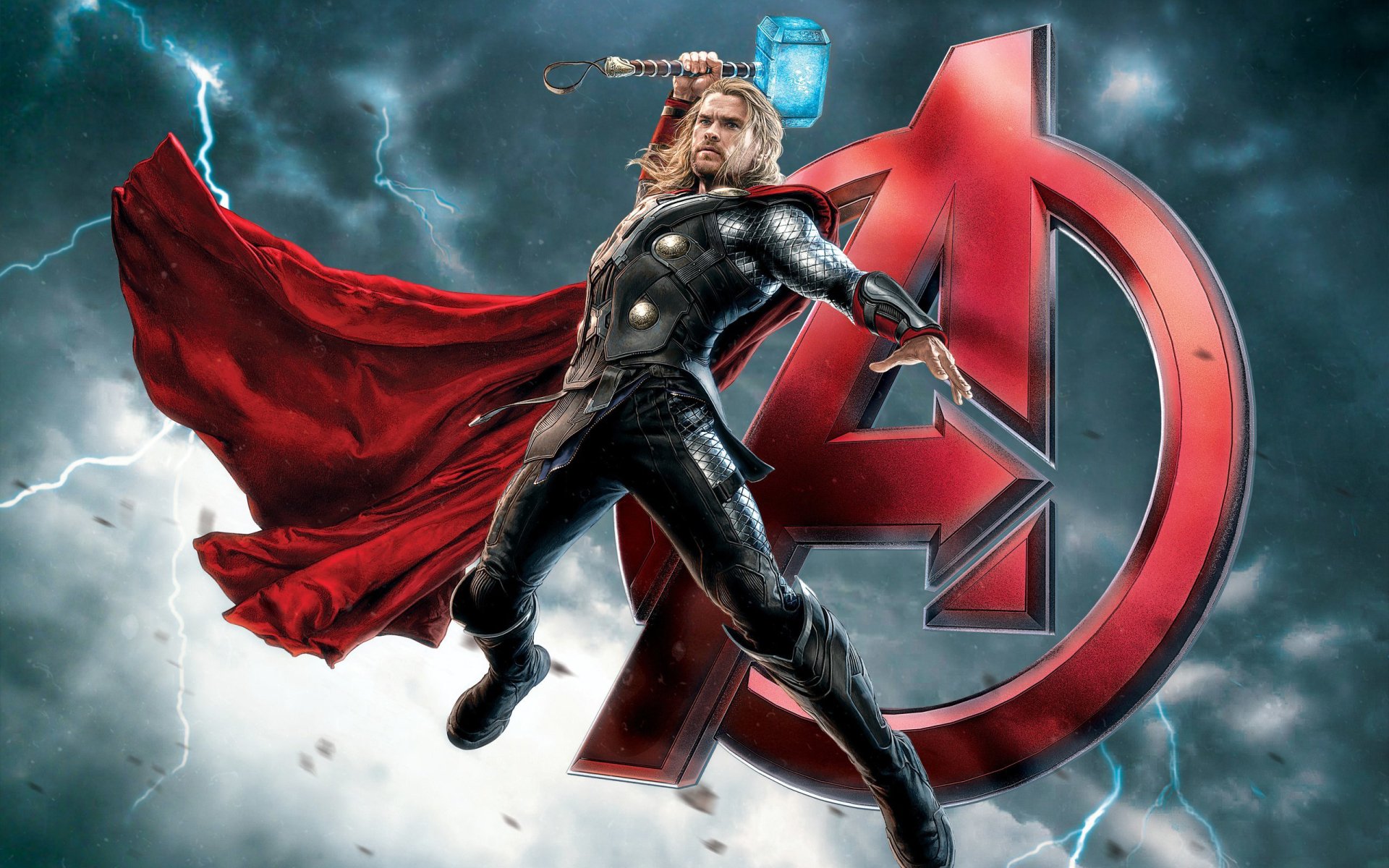 A dynamic HD wallpaper featuring Chris Hemsworth as Thor, showcasing his iconic look with Mjölnir, set against a dramatic Avengers backdrop.