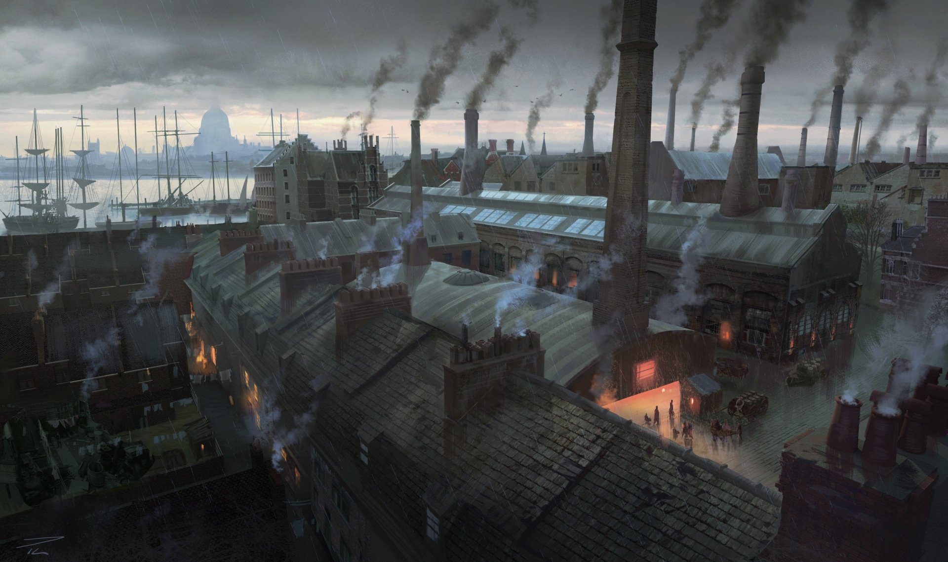 HD PC desktop wallpaper showing a dark, industrial London scene from the video game Assassin's Creed: Syndicate with smokestacks and moody skies.