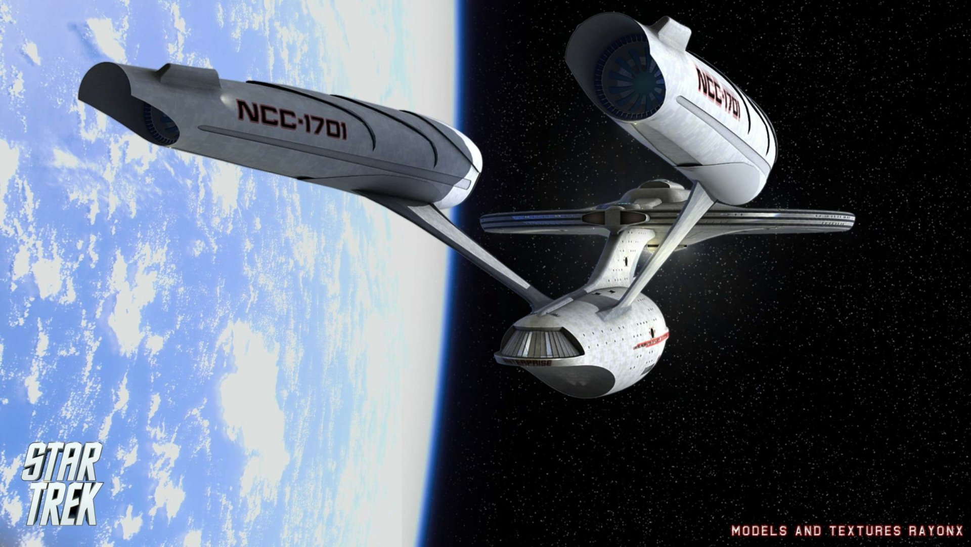 HD PC desktop wallpaper featuring the iconic Star Trek starship USS Enterprise NCC-1701 orbiting a blue and white planet in deep space, capturing classic sci-fi adventure.