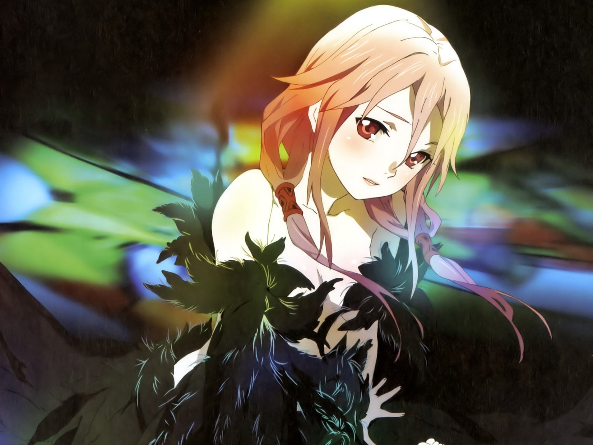 HD desktop wallpaper featuring Inori Yuzuriha from the anime Guilty Crown, showcasing her striking expression amidst a colorful, abstract background.