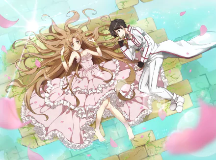 Anime characters Asuna Yuuki and Kirito from Sword Art Online lying together amidst falling petals, featured in an HD desktop wallpaper.