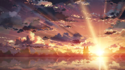 HD desktop wallpaper featuring Asuna Yuuki and Kirito from Sword Art Online. The backdrop is a stunning sunset with clouds reflecting on a serene body of water.