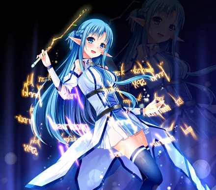 HD PC desktop wallpaper featuring Asuna Yuuki from Sword Art Online II, depicted with long blue hair and glowing magical runes surrounding her in an anime art style.