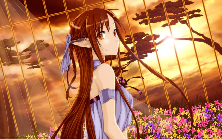 A vibrant HD wallpaper featuring Asuna Yuuki from Sword Art Online, set against a scenic sunset with flowers, creating a captivating anime backdrop for any desktop.