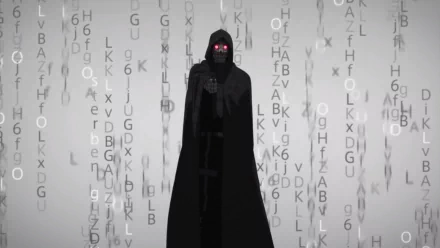 A striking HD desktop wallpaper featuring Death Gun from Sword Art Online II, shrouded in a dark cloak with glowing red eyes, surrounded by abstract digital code.