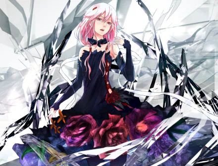 HD wallpaper featuring Inori Yuzuriha from the anime Guilty Crown, depicted in a striking dark dress adorned with roses, surrounded by sharp, crystalline elements.