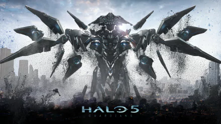 HD desktop wallpaper of Halo 5: Guardians featuring a massive, futuristic mech towering over a cityscape with the game's title prominently displayed at the bottom.
