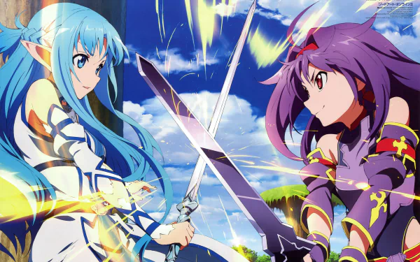 Anime scene from Sword Art Online II featuring Asuna Yuuki and Yuuki Konno in an intense sword battle. This HD desktop wallpaper captures their dynamic clash amidst a vibrant backdrop.