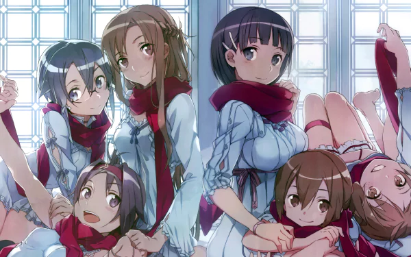 A vibrant HD desktop wallpaper featuring characters Yuuki Konno, Sinon, Asuna Yuuki, Suguha Kirigaya, Silica, and Lisbeth from Sword Art Online II, all adorned in scarves.