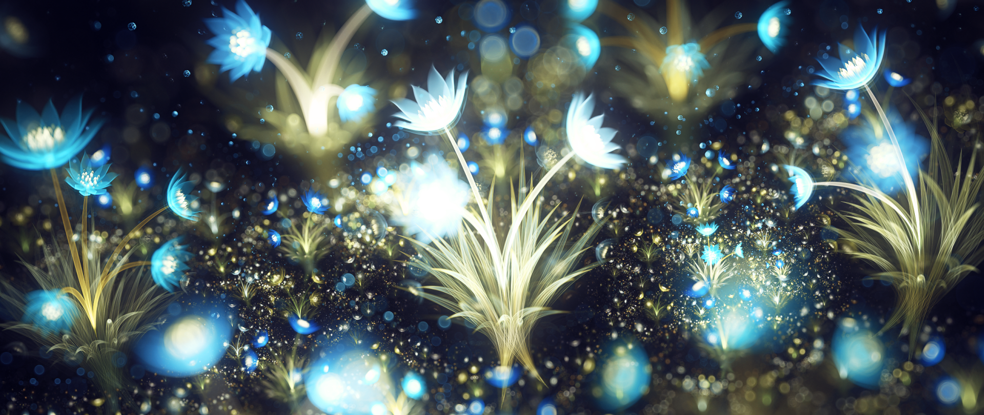 A mesmerizing abstract fractal design featuring luminous flowers and ethereal blue orbs, creating a stunning HD wallpaper for desktops.