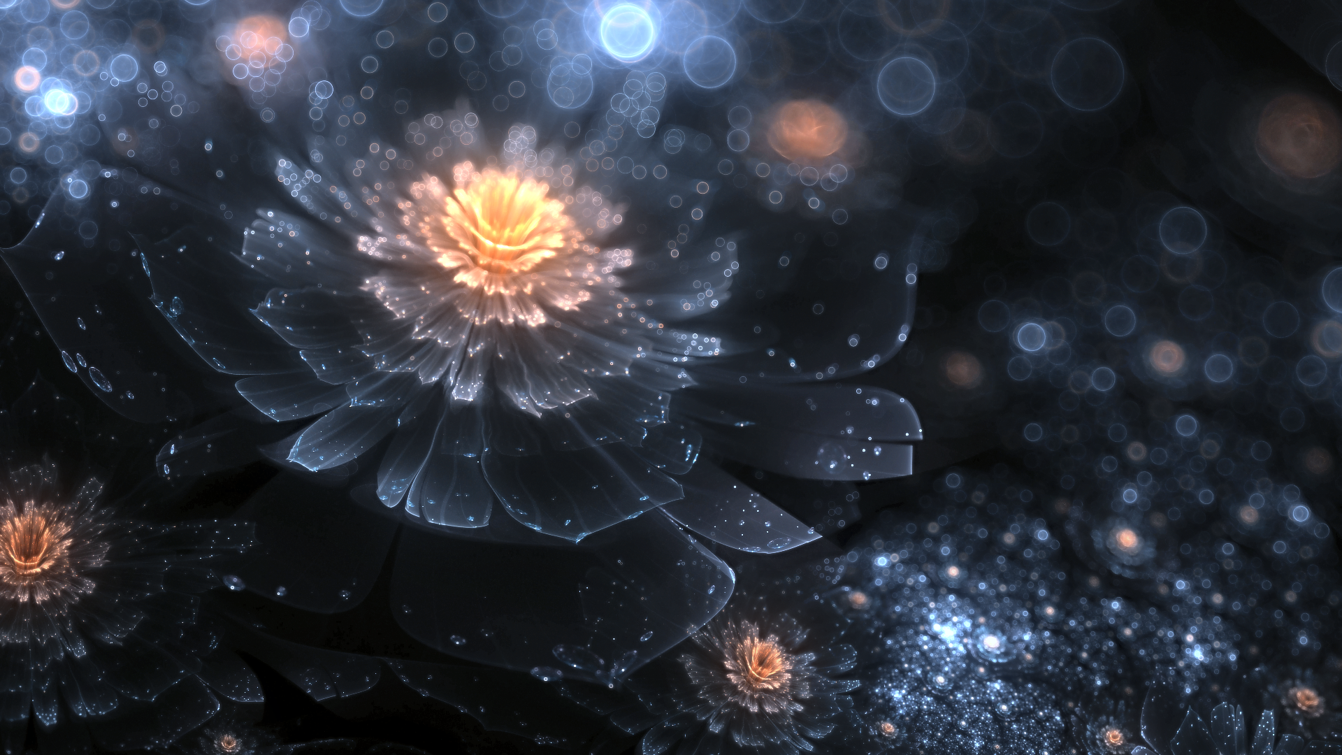 An abstract blue fractal design showcases intricate flowers with glowing centers, creating a visually captivating HD desktop wallpaper and background.