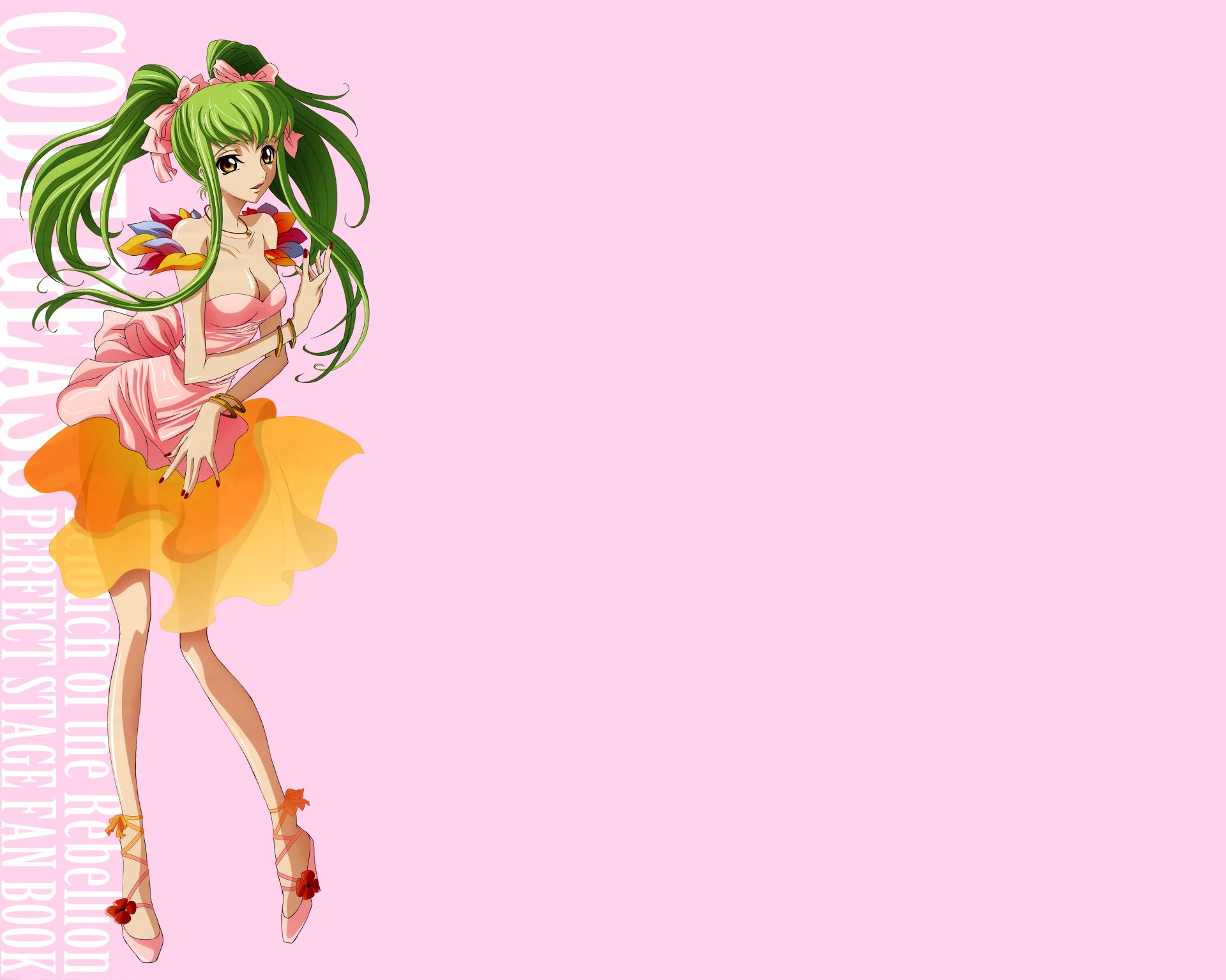 Anime character C.C. from Code Geass in a colorful dress with green hair, set against a pink background, featured as an 8K Ultra HD PC desktop wallpaper.