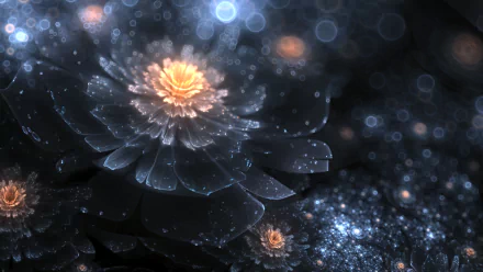 An abstract blue fractal design showcases intricate flowers with glowing centers, creating a visually captivating HD desktop wallpaper and background.