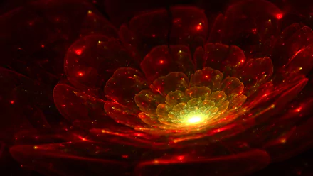 A vibrant red fractal flower with glowing yellow center, rendered in high-definition as an abstract PC desktop wallpaper and background.