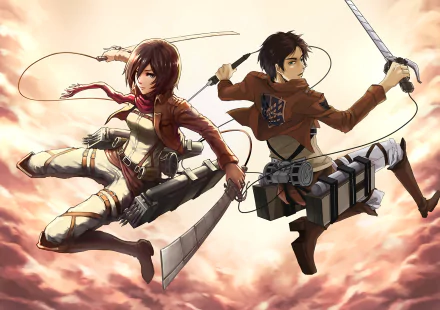 Eren Yeager and Mikasa Ackerman from Attack on Titan leap into action in this vibrant anime HD desktop wallpaper, showcasing their iconic fighting poses against a dramatic sky.