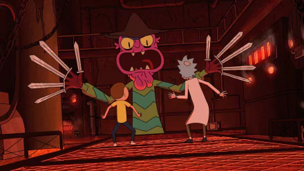 HD PC desktop wallpaper of Rick and Morty (TV show): Scary Terry looms with razor-finger gloves as Morty Smith and Rick Sanchez face him in a dark, red-lit nightmare hallway.
