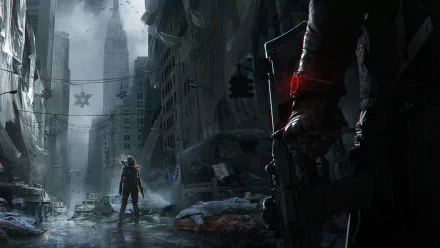 A dark, post-apocalyptic city scene from Tom Clancy's The Division, featuring a lone figure in the foreground and towering skyscrapers, creating a tense atmosphere.