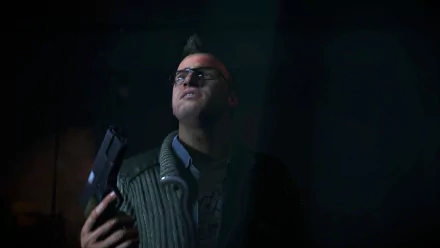 Chris (Until Dawn) video game HD PC desktop wallpaper: moody portrait of Chris in glasses and a knit sweater, clutching a handgun and gazing upward into dramatic shadowed lighting.