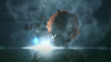 HD PC desktop wallpaper from the video game Metal Gear Solid V: The Phantom Pain, featuring a mysterious character with glowing eyes emerging from fog.