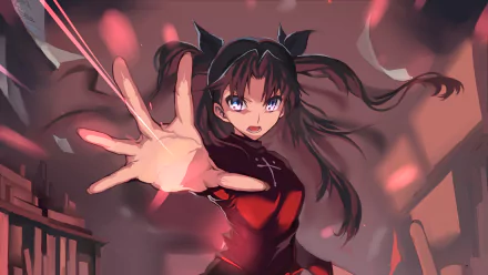 Rin Tohsaka from Fate/Stay Night, depicted in a dynamic pose with an outstretched hand, set against a vibrant background, creating an engaging HD anime wallpaper.