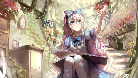 A whimsical HD anime wallpaper featuring Alice from Alice in Wonderland, sitting on a staircase, holding a fruit while surrounded by vibrant flowers and greenery.
