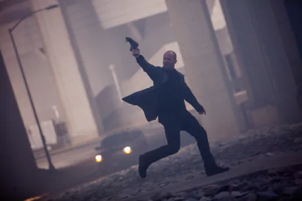 Jason Statham as Deckard Shaw, in a dramatic scene from Furious 7, runs while aiming a gun, set against a gritty urban backdrop. HD wallpaper capturing high-octane action.