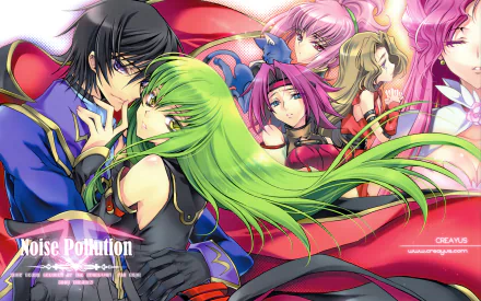 An 8K Ultra HD wallpaper featuring characters Nunnally Lamperouge, Anya Alstreim, Euphemia Li Britannia, Kallen Kōzuki, Lelouch Lamperouge, and C.C. from the anime Code Geass.