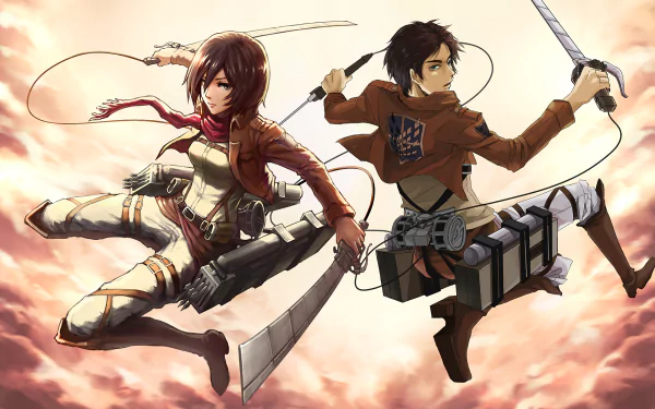 Eren Yeager and Mikasa Ackerman from Attack on Titan leap into action in this vibrant anime HD desktop wallpaper, showcasing their iconic fighting poses against a dramatic sky.