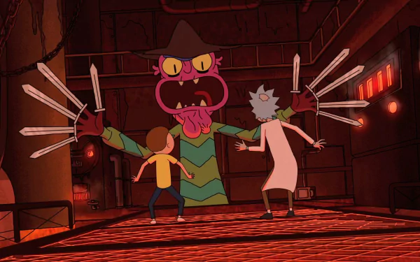 HD PC desktop wallpaper of Rick and Morty (TV show): Scary Terry looms with razor-finger gloves as Morty Smith and Rick Sanchez face him in a dark, red-lit nightmare hallway.