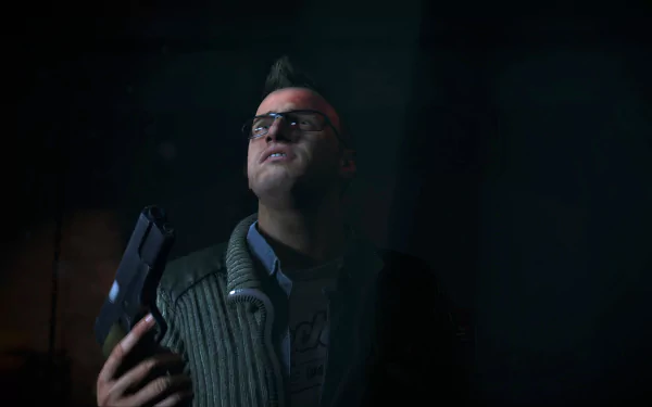 Chris (Until Dawn) video game HD PC desktop wallpaper: moody portrait of Chris in glasses and a knit sweater, clutching a handgun and gazing upward into dramatic shadowed lighting.