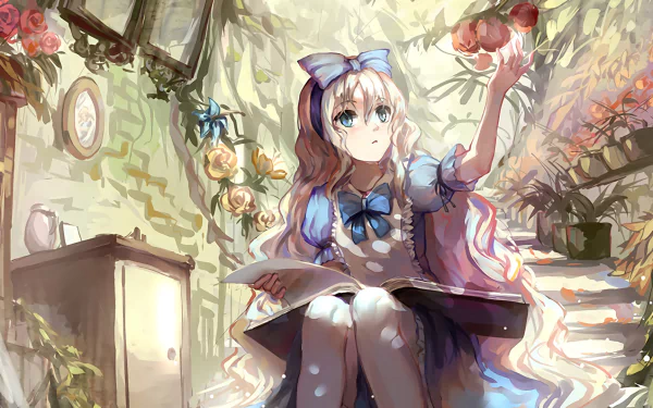 A whimsical HD anime wallpaper featuring Alice from Alice in Wonderland, sitting on a staircase, holding a fruit while surrounded by vibrant flowers and greenery.