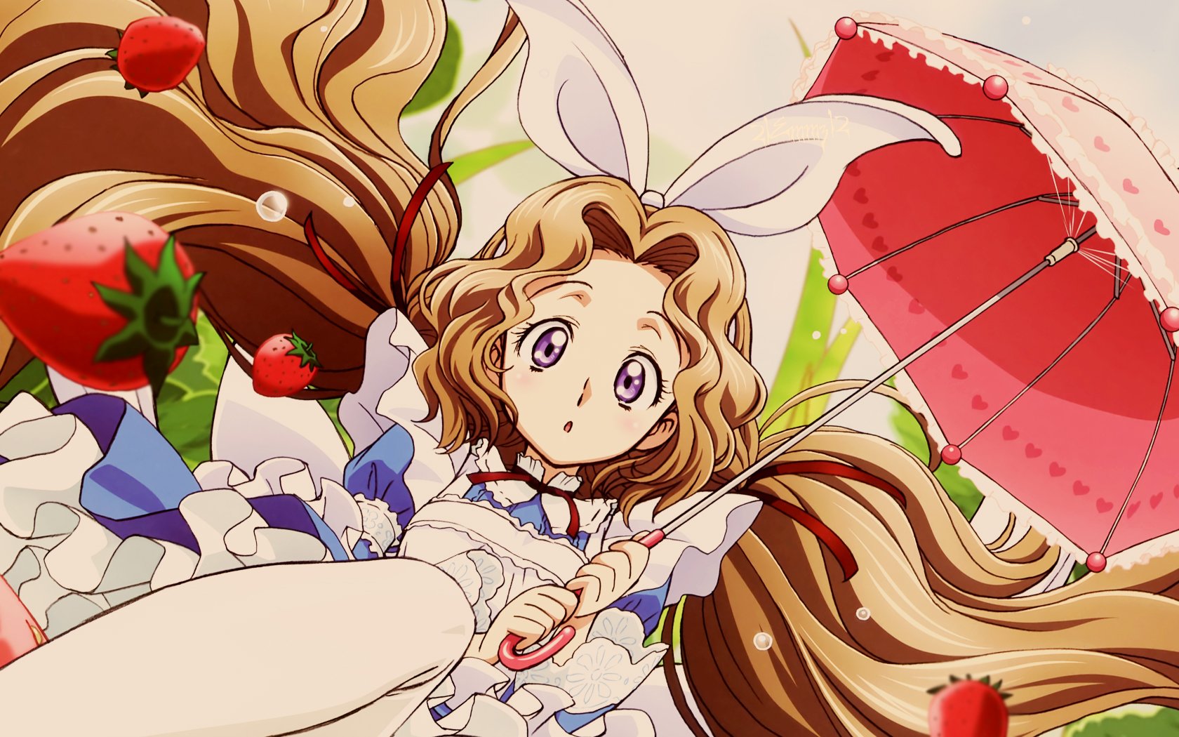 Nunnally Lamperouge (Code Geass) anime HD PC wallpaper/background: wide-eyed Nunnally in a frilly white dress with bunny-ear headband, clutching a pink parasol among floating strawberries.