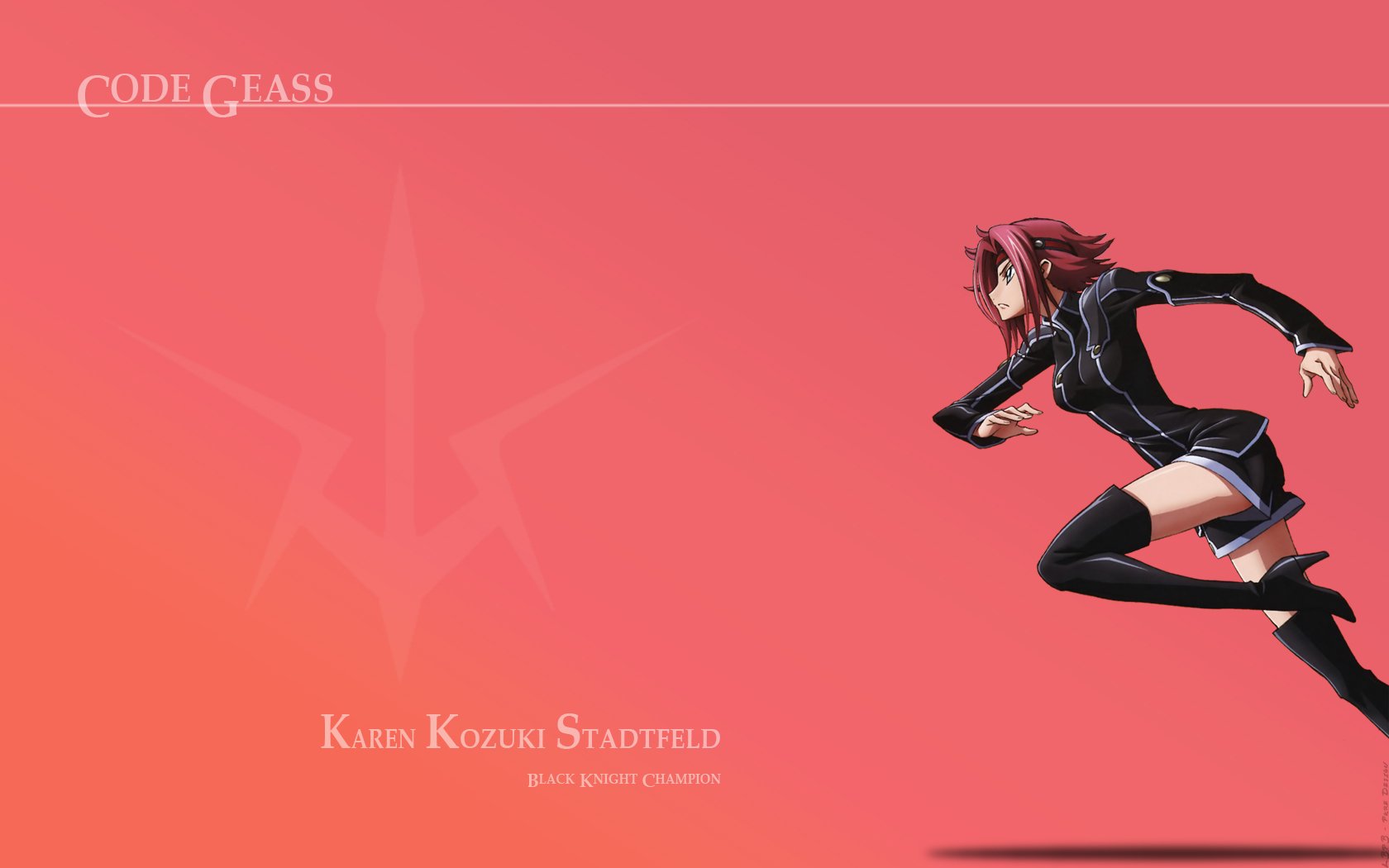 HD PC desktop wallpaper: Kallen Kōzuki (Code Geass) sprinting in a black suit against a minimalist coral background with a faint emblem and the series title.